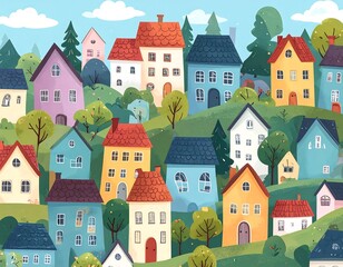 Colorful cartoon village nestled on hills