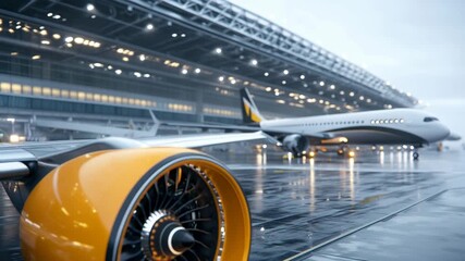 Close view of an aircraft engine at an airport during rainy weather with a plane in the background