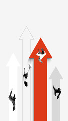 Bright composition. Businessman rising on red arrow with others falling behind. Concept of...