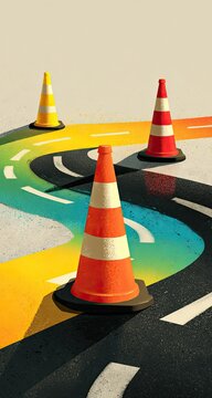 Colorful winding road with traffic cones
