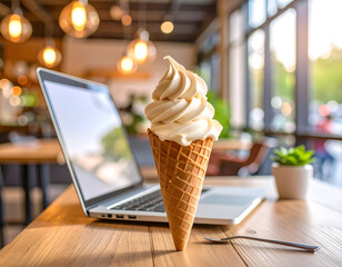 Vanilla Soft Serve Ice Cream Cone on Wooden Table with Laptop