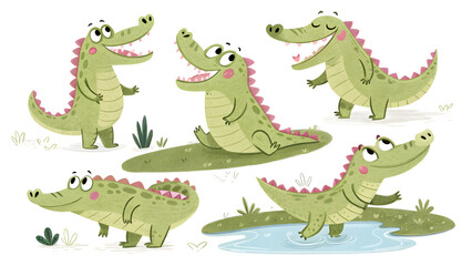 Cute cartoon alligators in various playful poses with cheerful expressions jungle animals wildlife scene nature