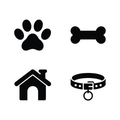 Minimalist dog icons paw bone house collar simple graphic elements for pet brands silhouette vector illustration white background