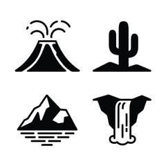 Minimalist icons representing volcano cactus mountain and waterfall in black silhouette style silhouette vector illustration white background