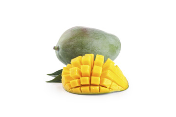 Fresh Panzhihua Sichuan Mango with Diced Yellow Flesh on White Background