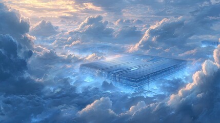 Fototapeta premium Celestial Platform - A Futuristic Structure Amidst Ethereal Clouds.