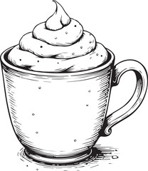 Creamy Delight: An elegantly illustrated monochrome cup overflows with a swirl of whipped cream, perfect for capturing the essence of simple pleasures and comforting beverages.