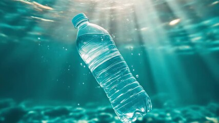 A discarded plastic bottle adrift in the deep blue ocean, illuminated by sun rays, symbolizing the global crisis of water pollution and environmental waste - Powered by Adobe