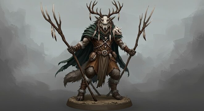 Wolf Shaman with Deer Skull Headdress and Ritual Staffs in Misty Landscape - Powered by Adobe