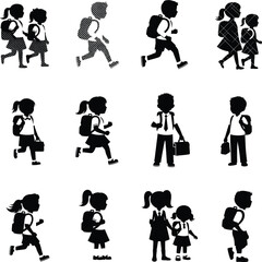 Silhouette of school children walking, running, carrying backpacks, holding hands, going to school, education concept, kids in uniform, student lifestyle, school activities.