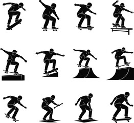 Silhouette of skateboarder performing tricks, jumps, flips, ramps, rails, extreme sports, skate park, urban skating, action sports, youth activity, skateboarding lifestyle.