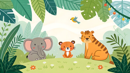 Cute cartoon jungle scene with elephant tiger and bird safari animals for kids education and play