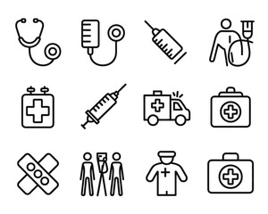 Medical icons set healthcare symbols stethoscope syringe ambulance first aid kit health care silhouette vector illustration white background