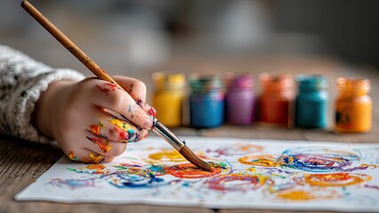 Naklejka premium Child hands cover white paper in bright paints, expressing creativity and joy during an art therapy session in a supportive creative school classroom.