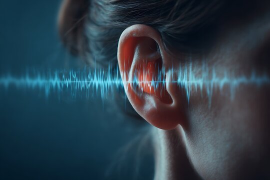 Sound waves entering human ear with digital visual representation