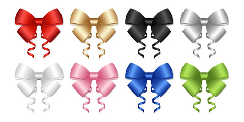 Set of 3d colorful shiny ribbon bow on white background vector illustration,