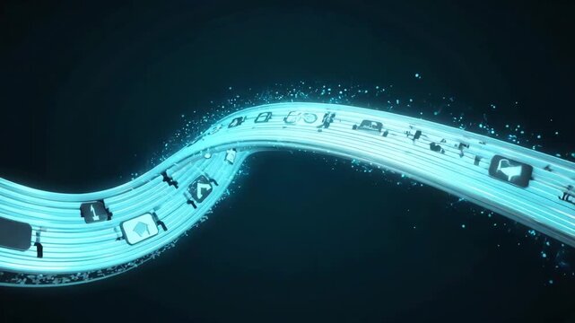 A seamless 3D ribbon shaped infinite loop space, glowing blue metallic gradients. path, icons of power, cloud, servers, lightning circular cycle, ribbon light travel minimal, digital particles elegant - Powered by Adobe