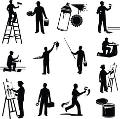 Obraz premium Silhouette painters and decorators working with brushes, rollers, spray cans, ladders, painting walls, creating art, home improvement, artistic labor illustration, vector design.
