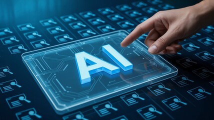 Person interacts with glowing AI interface on digital data screen