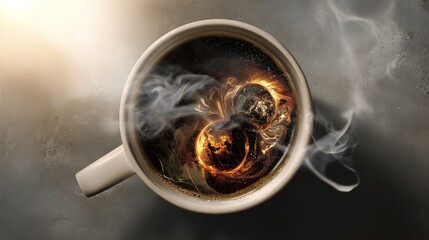 Surreal cup of coffee with swirling cosmic patterns inside, representing the hidden effects of daily ritual.