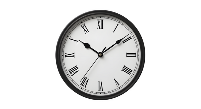 Classic round wall clock with Roman numerals and black frame.