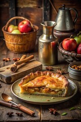 Photo of a rustic slice of goldenbrown apple pie sits on a plate, with a basket of fresh apples and cinnamon sticks in the background, evoking a warm, homemade autumn dessert