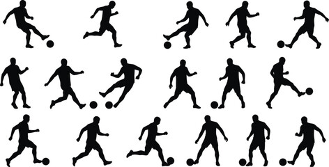 Silhouette soccer player in various action poses, football dribbling and kicking, sport movement sequence, athletic soccer skills, ball control, outdoor game, soccer training, dynamic player motion.