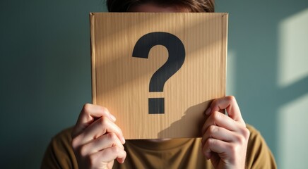 Man holding a cardboard box with a question mark on it