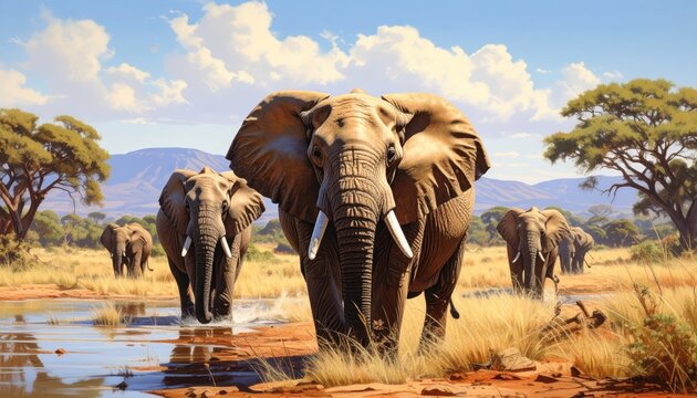 Majestic elephants traverse a sun-drenched African savanna, their forms rendered with detail and realism, a scene of tranquil beauty and wildlife abundance.