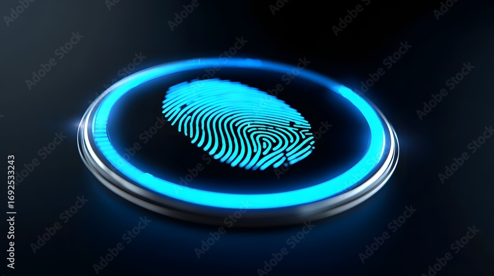 Aufkleber glowing biometric fingerprint scanner with futuristic blue neon light for secure digital identity ve