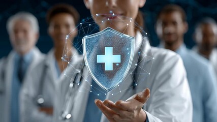 Corporate health coverage concept ,doctor holding network tablet glowing with medical data and team stethoscope shield protecting - Powered by Adobe