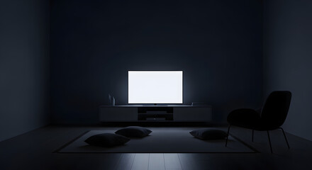 Television with bright white screen glowing in dark modern minimalist living room for home entertainment