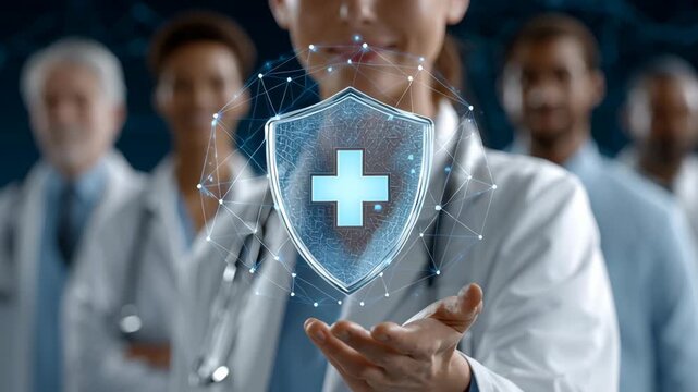Corporate health coverage concept ,doctor holding network tablet glowing with medical data and team stethoscope shield protecting - Powered by Adobe