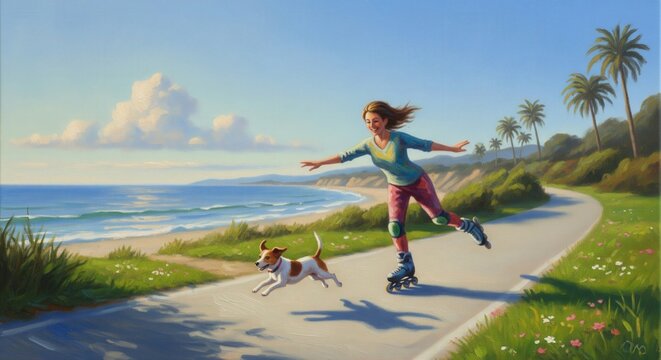 Graceful Rollerblader and Energetic Dog
