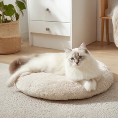 ragdoll cat resting on round beige plush pet bed indoors with houseplant home decor
