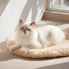 ragdoll cat lying on beige round cushion in sunlit room near window