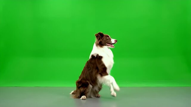 Trained Border Collie dog sitting with paw raised, isolated on green screen studio background