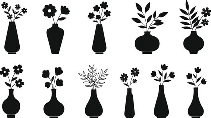 Black flower vase silhouette collection, floral decor vector set, minimalist plant design, modern interior elements, isolated clipart for prints