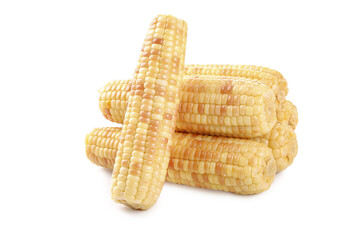 Fresh Sweet Corn Cobs with Golden Kernels Isolated on White Background