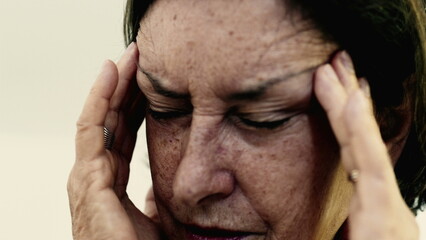 Fototapeta premium Elderly woman massaging her temples with eyes tightly shut, intense focus on relieving pain or stress. Deep wrinkles, concentrated facial expression, visible tension convey severe headache-SD 480p
