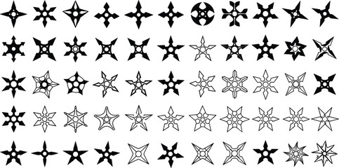 Black and white ninja star shuriken collection, traditional Japanese throwing weapons, martial arts tools, silhouettes, vector icons, set