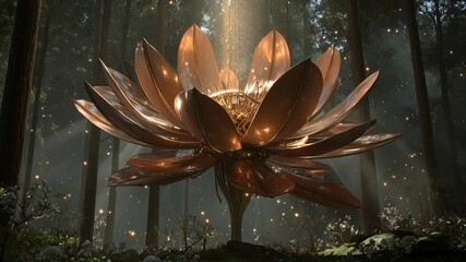 Giant metallic flower glowing with golden energy, futuristic details and mystical light effects - Powered by Adobe