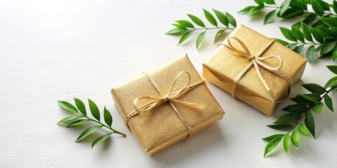 Luxurious Gold Wrapped Presents with Lush Green Foliage on a Pristine White Surface