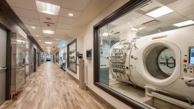 Bright Hospital Corridor with Wood Floors White Walls and A View of Hyperbaric Chamber through Window
