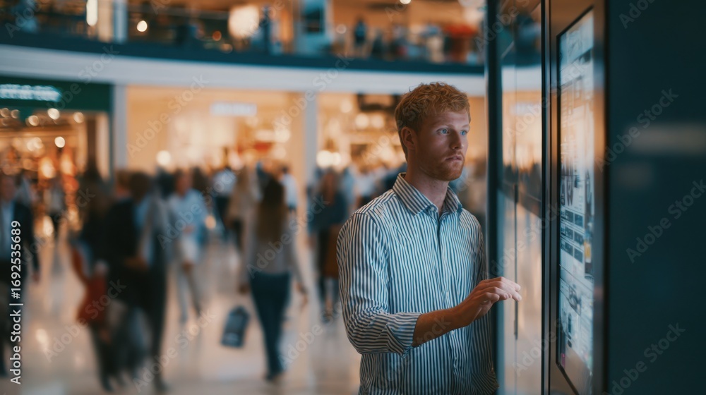 Poster medium shot of a technician adjusting a digital signage display in a busy mall corridor with shopper