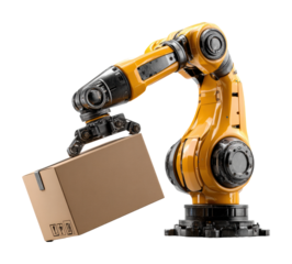 Industrial robot arm handling package factory digital isolated on transparent background