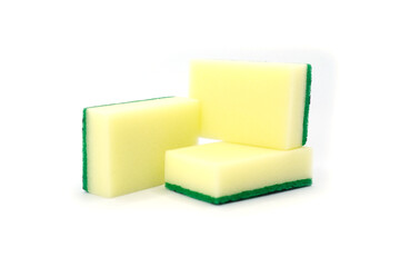 Three Yellow Dishwashing Sponges on White Background
