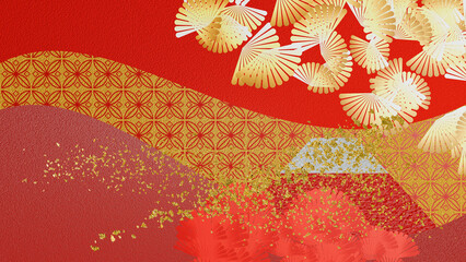 Elegant illustration of Mt. Fuji with a golden folding screen decorated with traditional Japanese patterns. Perfect for New Year and cultural design.
和柄をあしらった金屏風の背景に富士山を描いたイラスト。新年、和風デザイン、観光イメージに最適です。