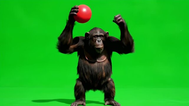 Chimpanzee holding a red ball on a green screen, standing upright