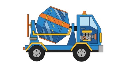 Fototapeta premium Cartoon Concrete Mixer Truck Illustration Blue Orange and Yellow Design.
